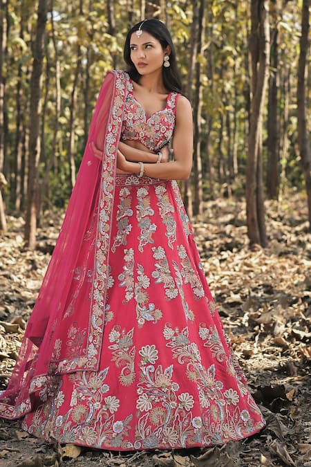 Panihari_Red Silk, Net Cut Work, Sequins V-neck Raw Embroidered Lehenga Set _at_Aza_Fashions