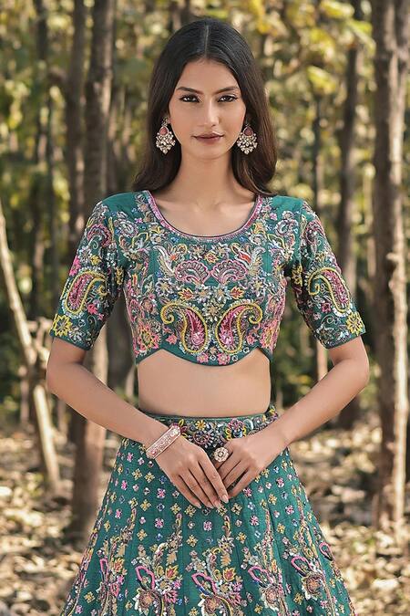 Panihari_Teal Silk, Net Cut Work, Sequins, Embroidery Round Neck Raw Lehenga Set _Online_at_Aza_Fashions