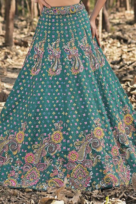 Buy_Panihari_Teal Silk, Net Cut Work, Sequins, Embroidery Round Neck Raw Lehenga Set _Online_at_Aza_Fashions