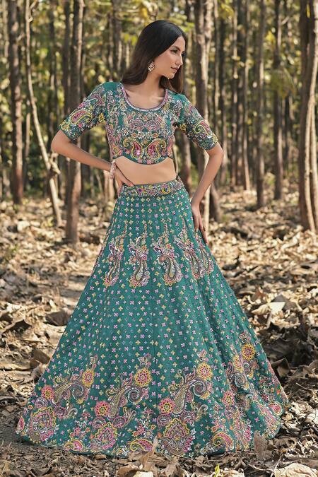 Shop_Panihari_Teal Silk, Net Cut Work, Sequins, Embroidery Round Neck Raw Lehenga Set _Online_at_Aza_Fashions