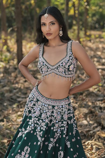 Buy_Panihari_Emerald Green Silk, Net Embroidery, Sequins, Cut Work Raw Lehenga Set _Online_at_Aza_Fashions