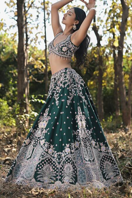 Shop_Panihari_Emerald Green Silk, Net Embroidery, Sequins, Cut Work Raw Lehenga Set _Online_at_Aza_Fashions