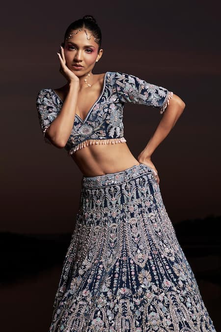 Panihari_Blue Silk, Velvet, Organza Embroidery, Beads, Floral Bridal Lehenga Set _Online_at_Aza_Fashions