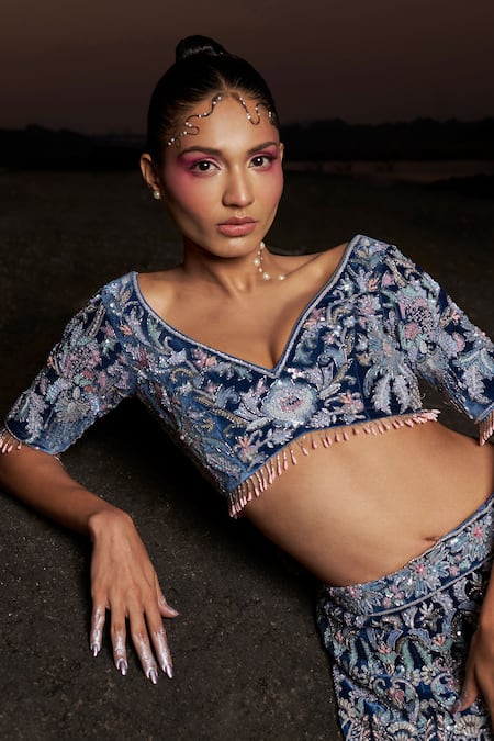 Shop_Panihari_Blue Silk, Velvet, Organza Embroidery, Beads, Floral Bridal Lehenga Set _Online_at_Aza_Fashions