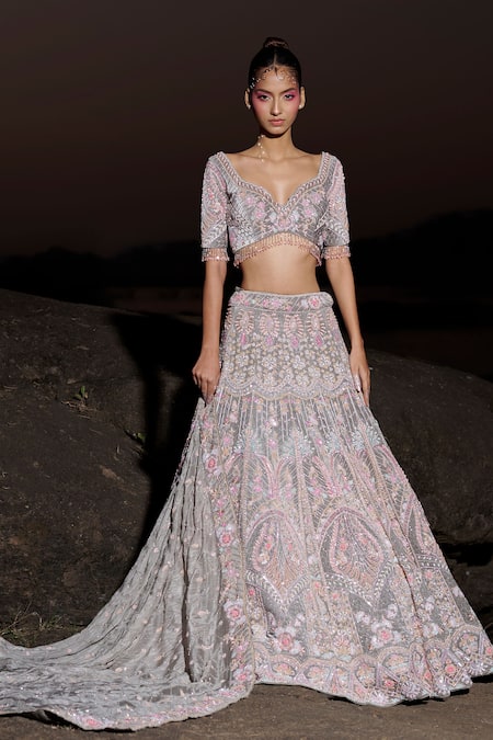 Buy_Panihari_Gray Silk, Velvet, Organza Sequins, Scallop Embroidered Bridal Lehenga Set _Online_at_Aza_Fashions