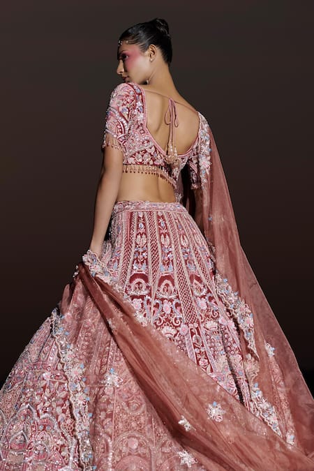 Panihari_Red Silk, Velvet, Organza Sequins, Florette Embroidered Bridal Lehenga Set _Online_at_Aza_Fashions