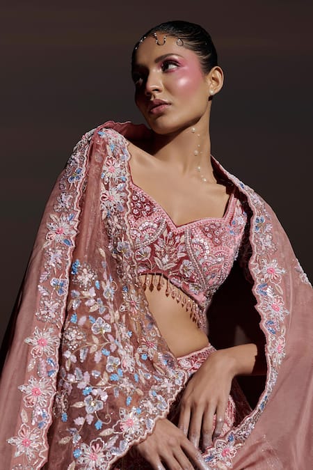 Shop_Panihari_Red Silk, Velvet, Organza Sequins, Florette Embroidered Bridal Lehenga Set _Online_at_Aza_Fashions