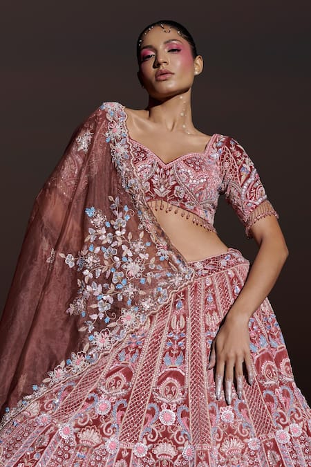 Panihari_Red Silk, Velvet, Organza Sequins, Florette Embroidered Bridal Lehenga Set _at_Aza_Fashions