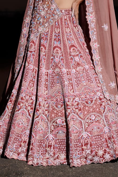 Buy_Panihari_Red Silk, Velvet, Organza Sequins, Florette Embroidered Bridal Lehenga Set 