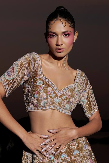 Panihari_Rust Silk, Velvet, Organza Cut Work, Paisley Embroidered Bridal Lehenga Set _Online_at_Aza_Fashions