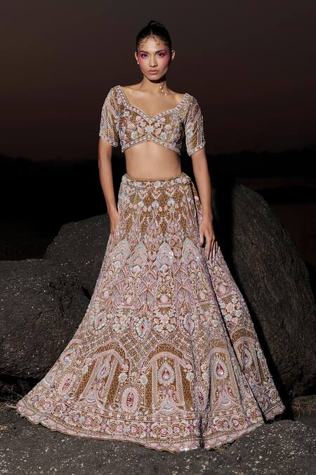 Buy_Panihari_Rust Silk, Velvet, Organza Cut Work, Paisley Embroidered Bridal Lehenga Set _Online_at_Aza_Fashions