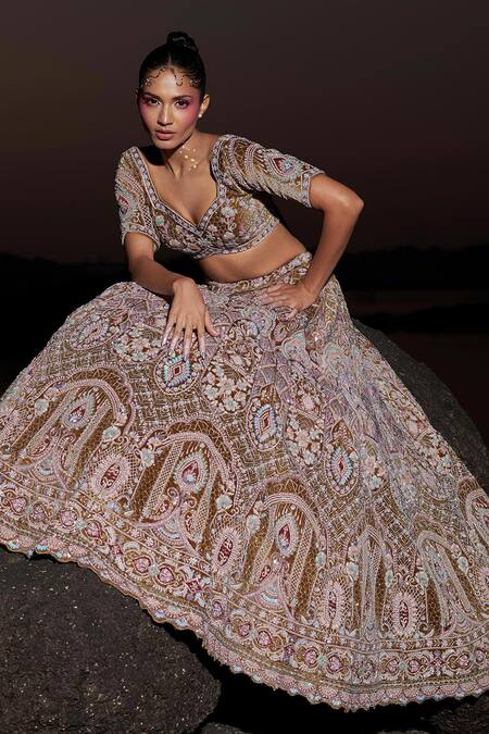 Shop_Panihari_Rust Silk, Velvet, Organza Cut Work, Paisley Embroidered Bridal Lehenga Set _Online_at_Aza_Fashions