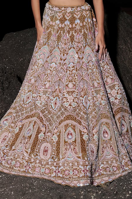 Panihari_Rust Silk, Velvet, Organza Cut Work, Paisley Embroidered Bridal Lehenga Set _at_Aza_Fashions