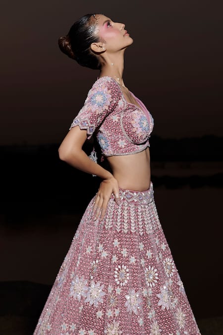 Buy_Panihari_Purple Silk, Velvet, Organza Cut Work, Rose Embroidered Bridal Lehenga Set _Online_at_Aza_Fashions