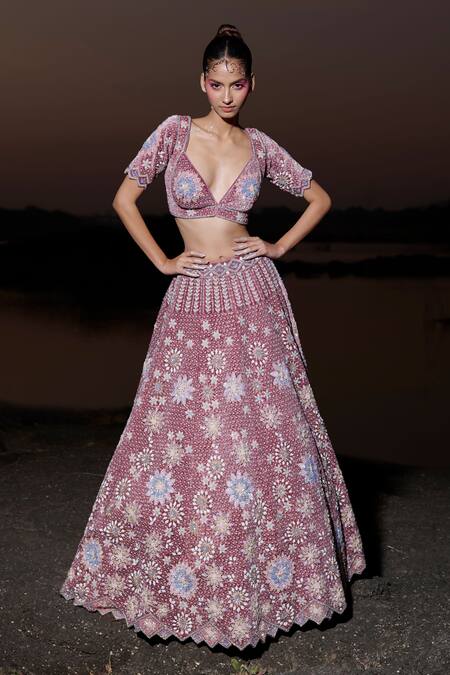 Shop_Panihari_Purple Silk, Velvet, Organza Cut Work, Rose Embroidered Bridal Lehenga Set _Online_at_Aza_Fashions