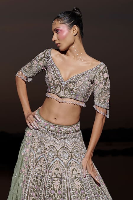 Buy_Panihari_Green Silk, Velvet, Organza Sequins, Mughal Embroidered Bridal Lehenga Set _Online_at_Aza_Fashions