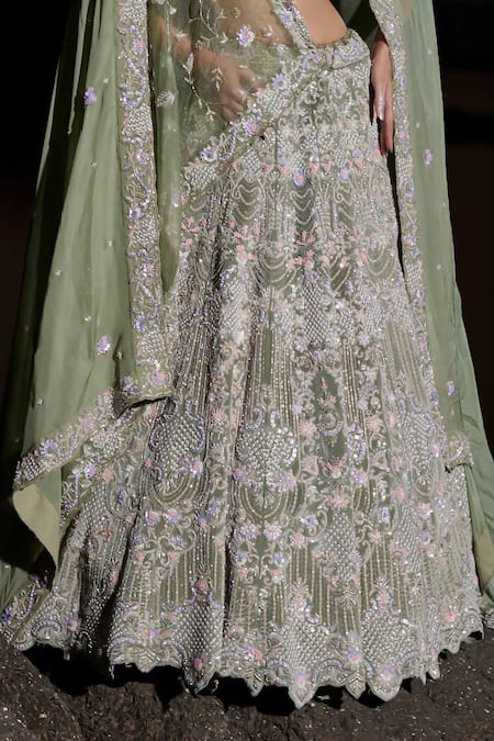Panihari_Green Silk, Velvet, Organza Sequins, Beads, Zari, Embroidered Bridal Lehenga Set _Online_at_Aza_Fashions