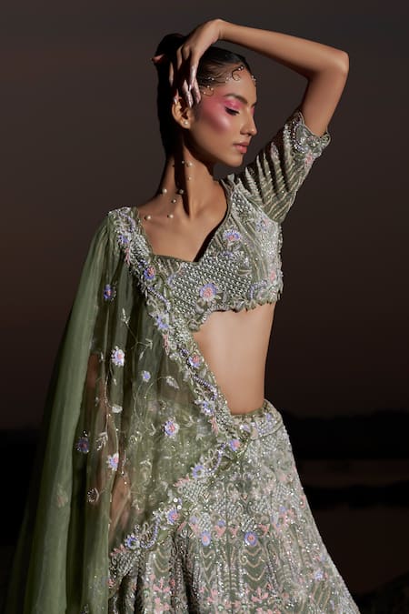 Buy_Panihari_Green Silk, Velvet, Organza Sequins, Beads, Zari, Embroidered Bridal Lehenga Set _Online_at_Aza_Fashions