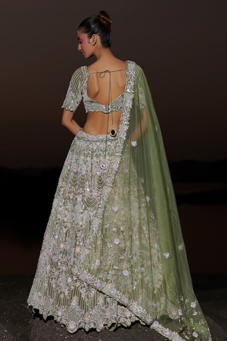 Shop_Panihari_Green Silk, Velvet, Organza Sequins, Beads, Zari, Embroidered Bridal Lehenga Set _Online_at_Aza_Fashions