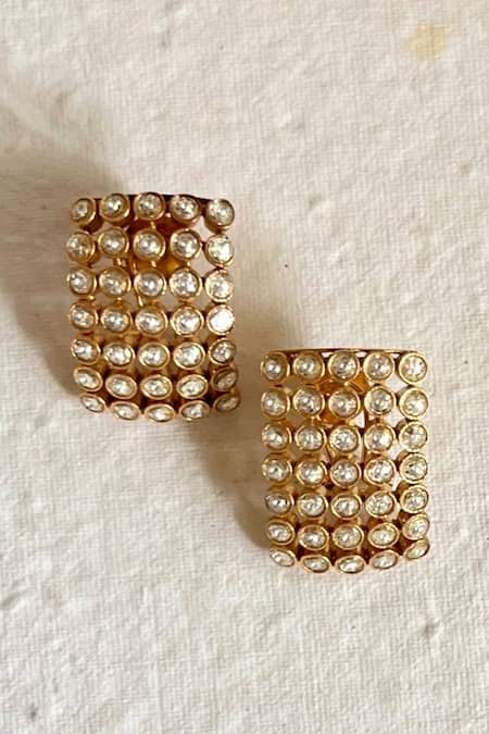 Prestones_White Zari Zirconia Embellished Studs _Online_at_Aza_Fashions