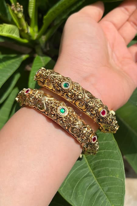 Prestones_Red Imitation Gemstones Temple Carved Bangles - Set Of 2 _Online_at_Aza_Fashions