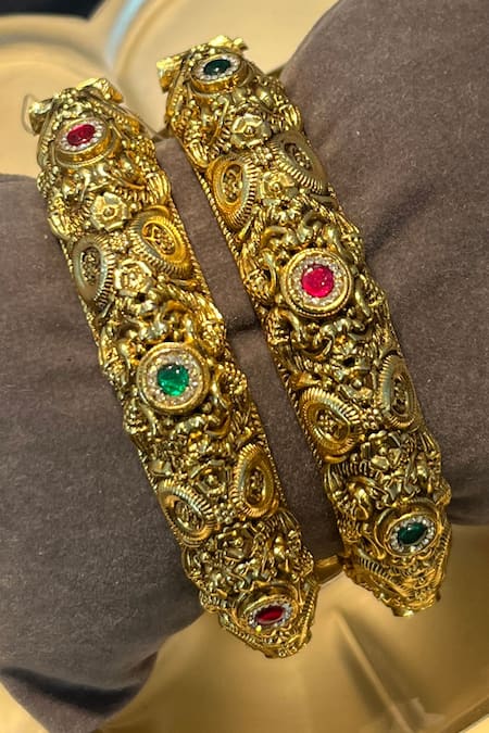 Buy_Prestones_Red Imitation Gemstones Temple Carved Bangles - Set Of 2 _Online_at_Aza_Fashions