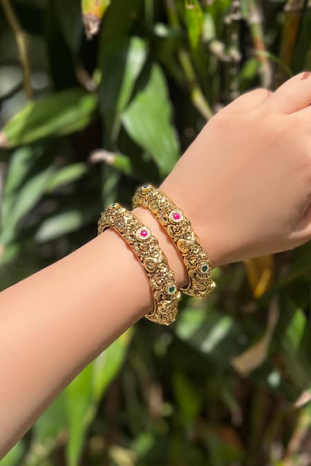 Prestones Red Gemstones Temple Carved Bangles - Set Of 2 