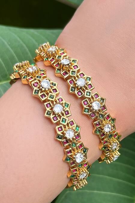 Prestones_Gold Plated Stones Embellished Bangles - Set Of 2 _Online_at_Aza_Fashions