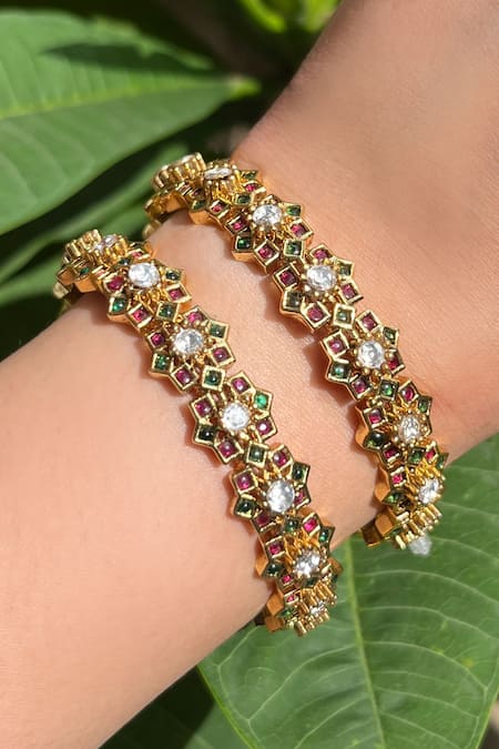 Prestones Gold Plated Stones Embellished Bangles - Set Of 2 