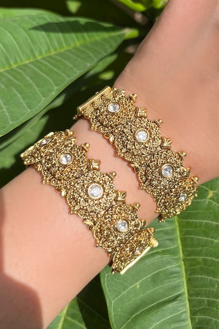 Buy_Prestones_Gold Plated Crystals Temple Broad Bangles - Set Of 2_Online_at_Aza_Fashions
