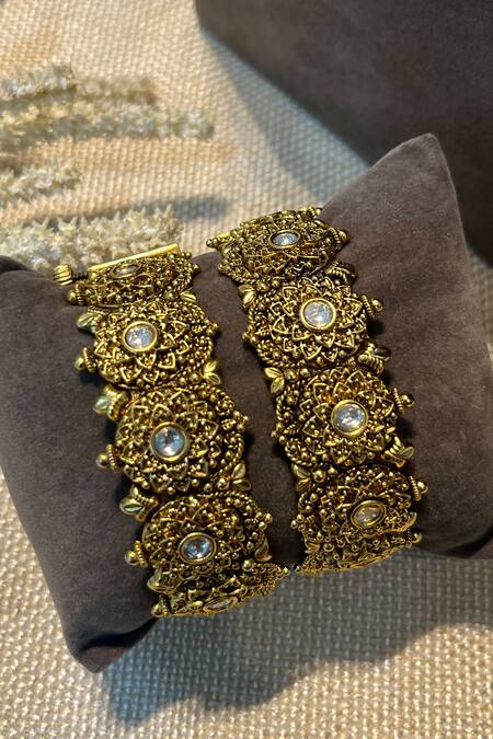 Shop_Prestones_Gold Plated Crystals Temple Broad Bangles - Set Of 2_Online_at_Aza_Fashions