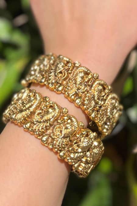 Prestones_Gold Plated Temple Motif Bangles - Set Of 2_Online_at_Aza_Fashions