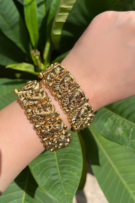 Shop_Prestones_Gold Plated Temple Motif Bangles - Set Of 2_Online_at_Aza_Fashions