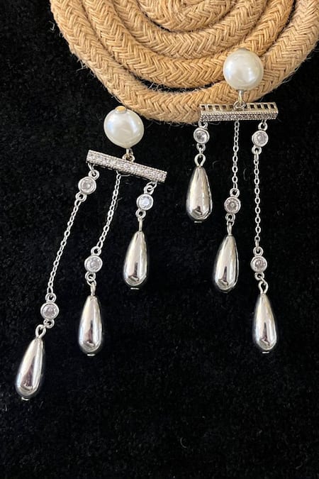Rejuvenate Jewels_Silver Plated Pearls Cascade Statement Earrings _Online_at_Aza_Fashions