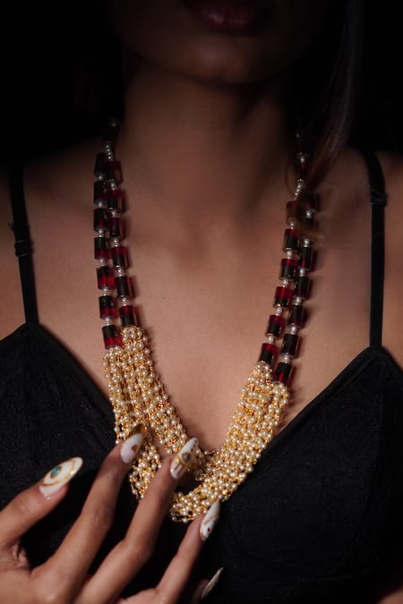 Rejuvenate Jewels Red Gulnaar Glass Beads And Pearl Necklace Online at Aza Fashions Rejuvenate Jewels_Red Gulnaar Glass Beads And Pearl Necklace _Online_at_Aza_Fashions