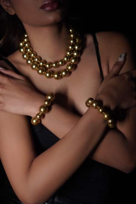 Rejuvenate Jewels_Gold Plated Pearl And Bead Embellished Bracelet _Online_at_Aza_Fashions
