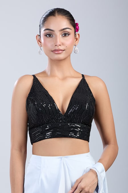 Samyukta Singhania Black Sequins V-neck Work Blouse 