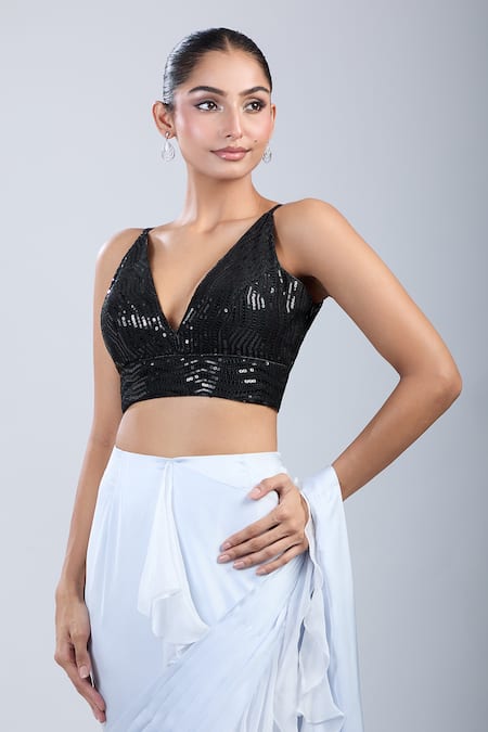 Samyukta Singhania_Black Sequins V-neck Work Blouse _Online_at_Aza_Fashions