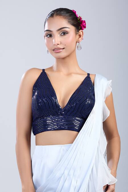 Shop_Samyukta Singhania_Blue Sequins V-neck Work Blouse _Online_at_Aza_Fashions