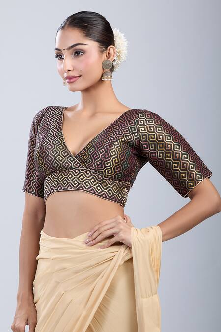 Samyukta Singhania_Black Brocade V-neck Geometric Pattern Blouse _Online_at_Aza_Fashions