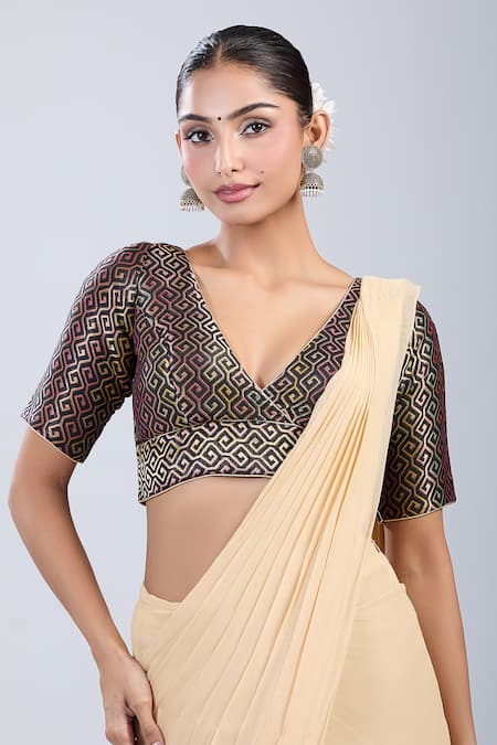 Buy_Samyukta Singhania_Black Brocade V-neck Geometric Pattern Blouse _Online_at_Aza_Fashions