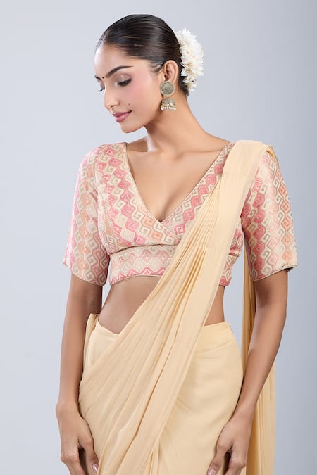 Samyukta Singhania_Gold Brocade V-neck Geometric Pattern Blouse _Online_at_Aza_Fashions