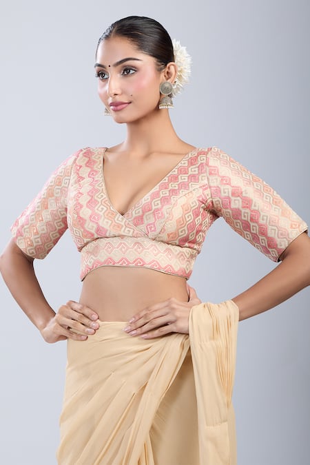 Buy_Samyukta Singhania_Gold Brocade V-neck Geometric Pattern Blouse _Online_at_Aza_Fashions