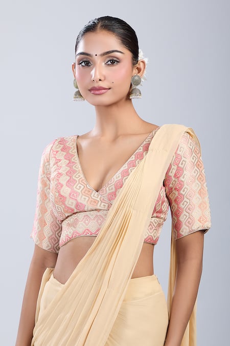 Shop_Samyukta Singhania_Gold Brocade V-neck Geometric Pattern Blouse _Online_at_Aza_Fashions