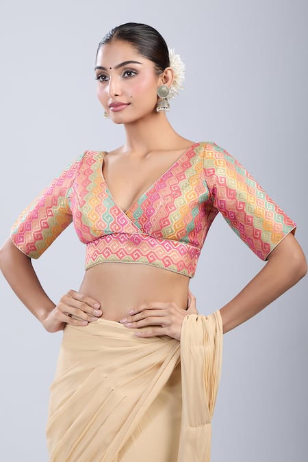 Samyukta Singhania_Peach Brocade V-neck Geometric Pattern Blouse _Online_at_Aza_Fashions