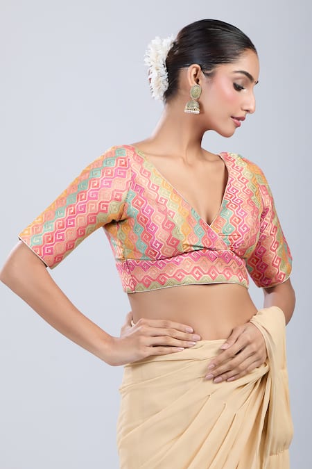 Shop_Samyukta Singhania_Peach Brocade V-neck Geometric Pattern Blouse _Online_at_Aza_Fashions