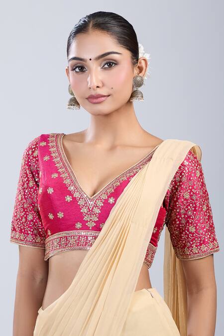 Shop Samyukta Singhania Magenta Silk Embroidery V-neck Floral Blouse Online at Aza Fashions Shop_Samyukta Singhania_Magenta Silk Embroidery V-neck Floral Blouse _Online_at_Aza_Fashions