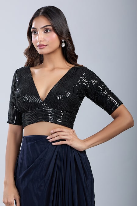 Samyukta Singhania_Black Sequins V-neck Work Blouse _Online_at_Aza_Fashions