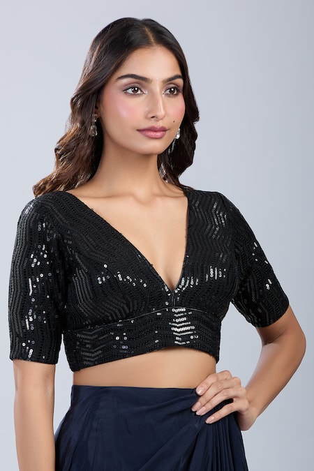 Samyukta Singhania Black Sequins V-neck Work Blouse 