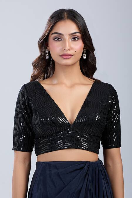 Buy_Samyukta Singhania_Black Sequins V-neck Work Blouse _Online_at_Aza_Fashions